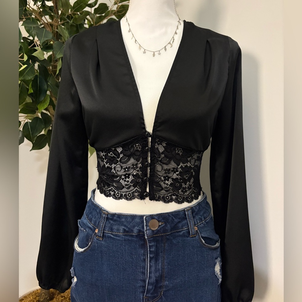 SHEIN Black Satin Lace Crop Blouse